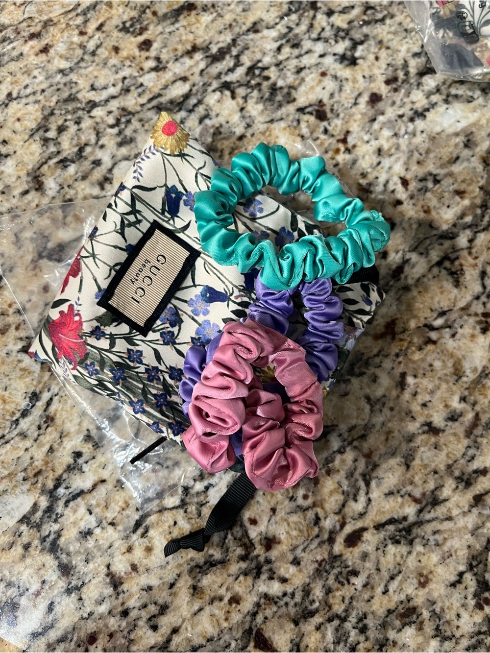Gucci Satin Scrunchie Set with Teal, Purple, and Pink Floral Pouch